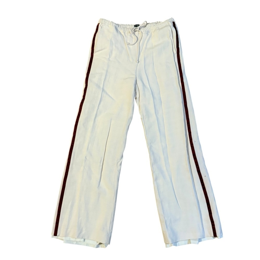 J. Crew White Straight-Leg Pants with Burgundy Side Stripes